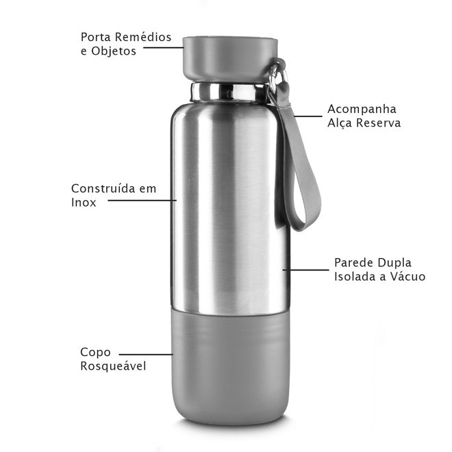 Garrafa em Inox Parede Dupla 500ml Com Copo e Porta Objetos Cinza