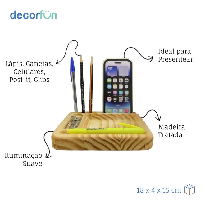 Organizador de Mesa Iluminado em Madeira - Porta Canetas, Celular e Post-It