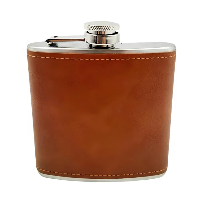Cantil de Bolso 175ml em Aço Inox com Revestimento em Couro