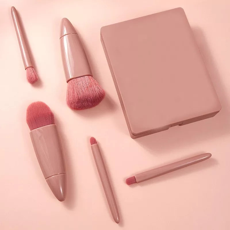 Kit estojo de maquiagem portátil com espelho e 5 pincéis