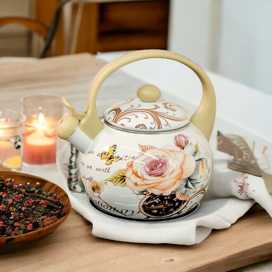 Chaleira Esmaltada Vintage 2,2L com Apito à Indução Flowers