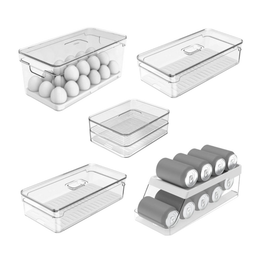 Kit 5 Organizadores De Geladeira: Porta Ovos, Porta Frios, 2 Potes e Porta Latas