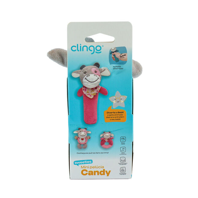 Pelúcia Chocalho Vaquinha Rosa com Apito e Som Crocante