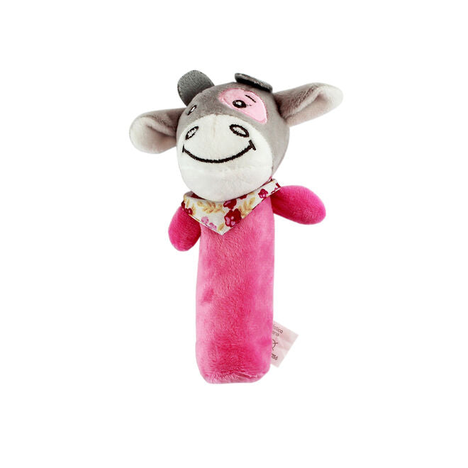 Pelúcia Chocalho Vaquinha Rosa com Apito e Som Crocante