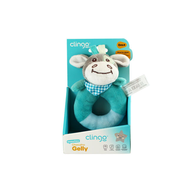 Pelúcia Chocalho Oval Vaquinha Azul com Apito e Som Crocante