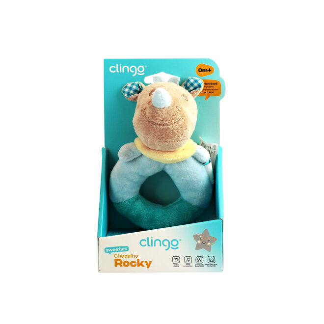 Pelúcia Chocalho Oval Rinoceronte Azul com Apito e Som Crocante