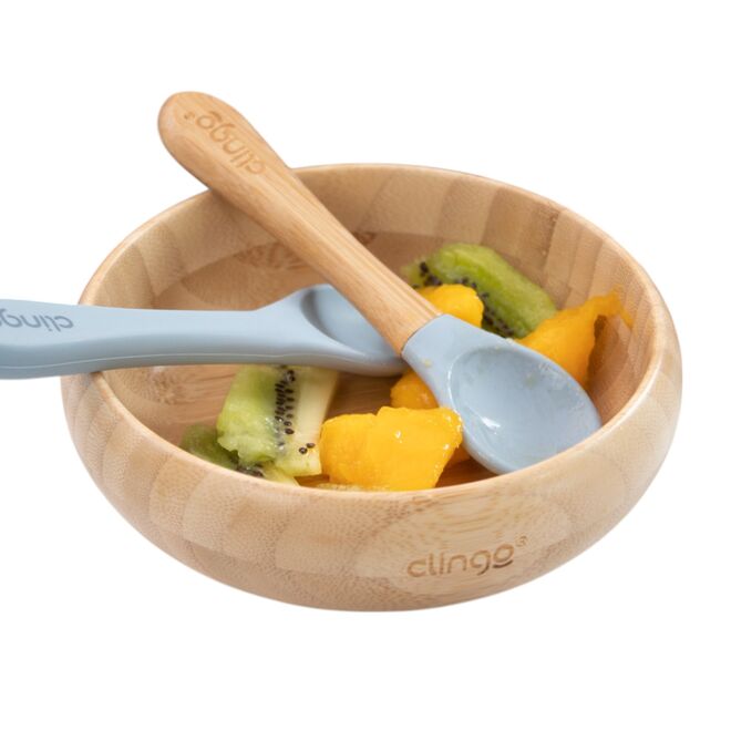 Colher de Bambu e Silicone Azul para Bebês – Antimicrobiana