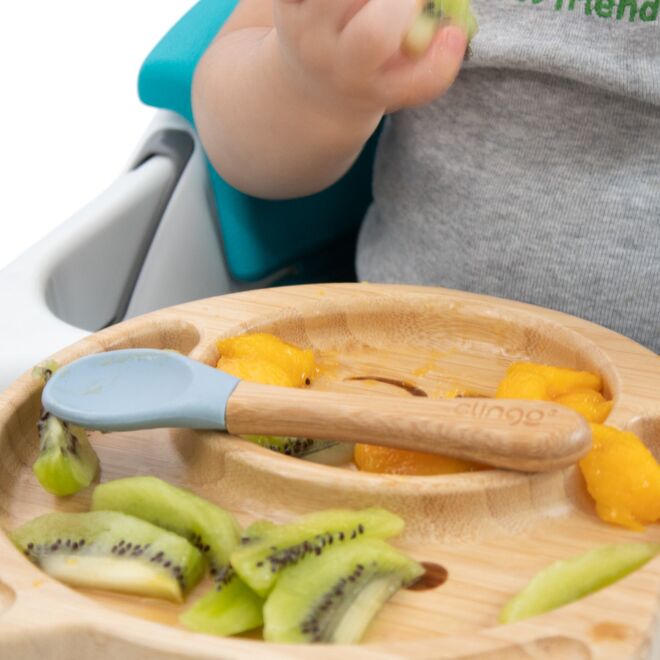 Colher de Bambu e Silicone Azul para Bebês – Antimicrobiana