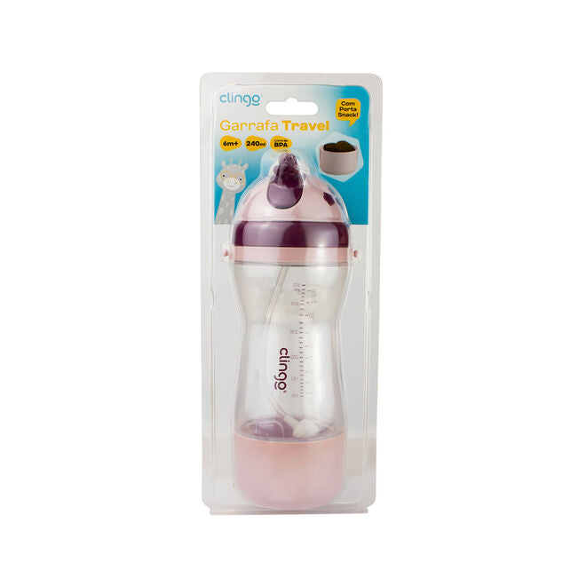 Garrafa Travel com Porta-Lanchinho e Canudo Retrátil Silicone 380ml Anti-Vazamento - Rosa