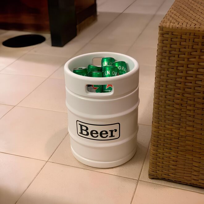 Banco Cooler de Cervejas Barril Decorativo Tampo de Madeira 28L Branco