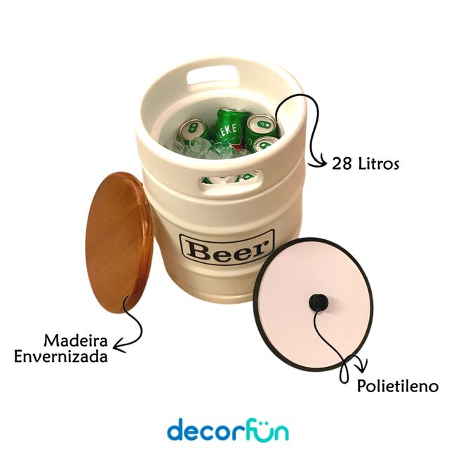 Banco Cooler de Cervejas Barril Decorativo Tampo de Madeira 28L Branco