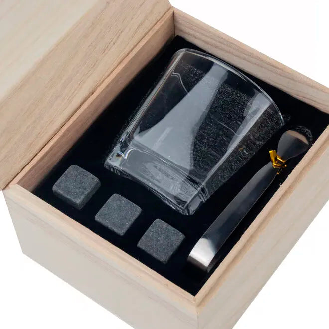 Kit Copo para Whisky + Pegador de Gelo + 3 Cubos de Pedra-sabão e Caixa de Madeira