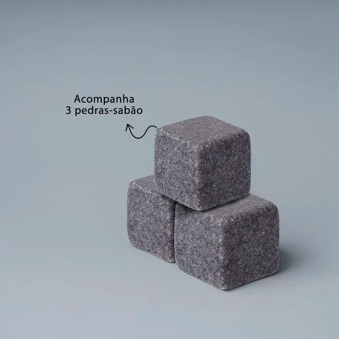 Kit Copo para Whisky + Pegador de Gelo + 3 Cubos de Pedra-sabão e Caixa de Madeira