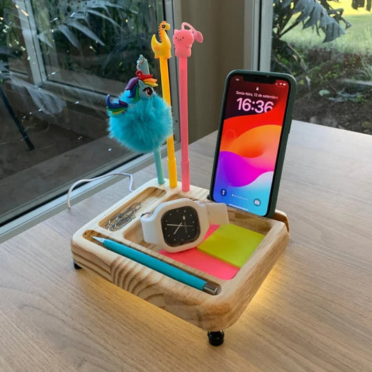 Organizador de Mesa Iluminado em Madeira - Porta Canetas, Celular e Post-It