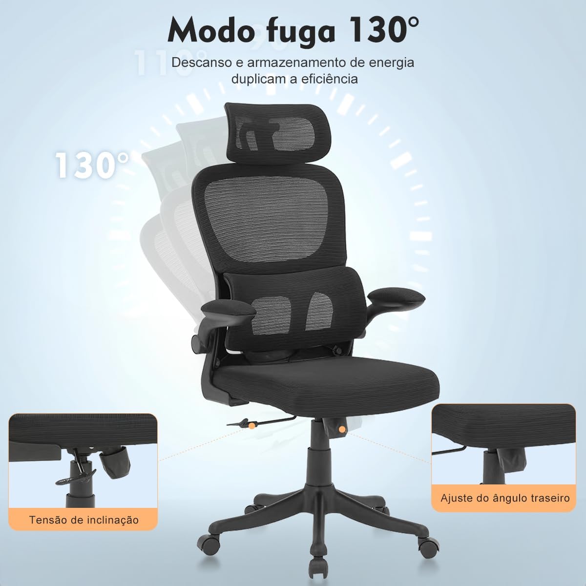 Cadeira Ergonômica para Escritório com Suporte Lombar Independente, Encosto Ajustável e Malha Respirável – Preta