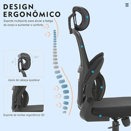 Cadeira Ergonômica para Escritório com Suporte Lombar Independente, Encosto Ajustável e Malha Respirável – Preta