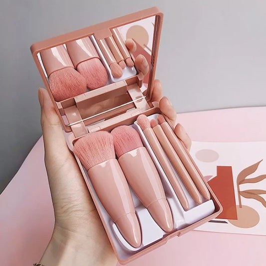 Kit estojo de maquiagem portátil com espelho e 5 pincéis 