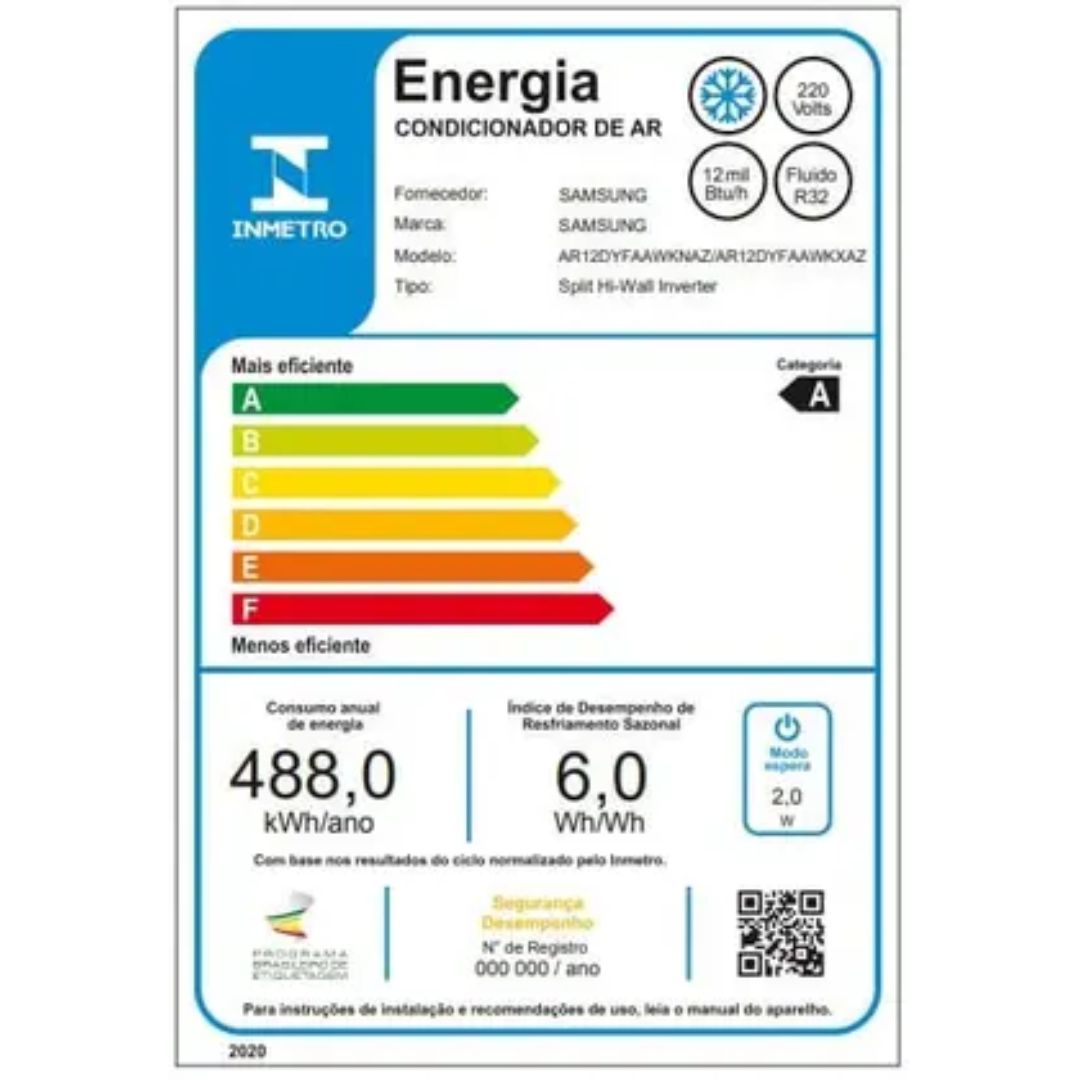 Especificação de energia do Ar Condicionado Split Samsung WindFree AI Inverter 12.000 BTUs Frio 220V
