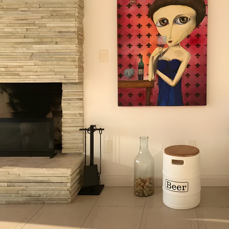 Banco Cooler de Cervejas Barril Decorativo para Bebidas com Tampo de Madeira
