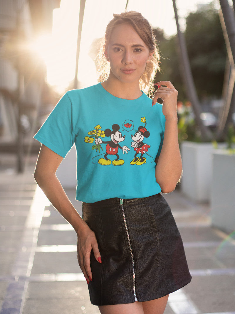 Camisa dia dos namorados personalizado com mickey e minnie na cor azul turquesa
