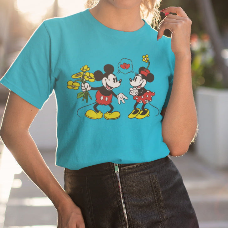 Camisa dia dos namorados personalizado com mickey e minnie na cor azul turquesa